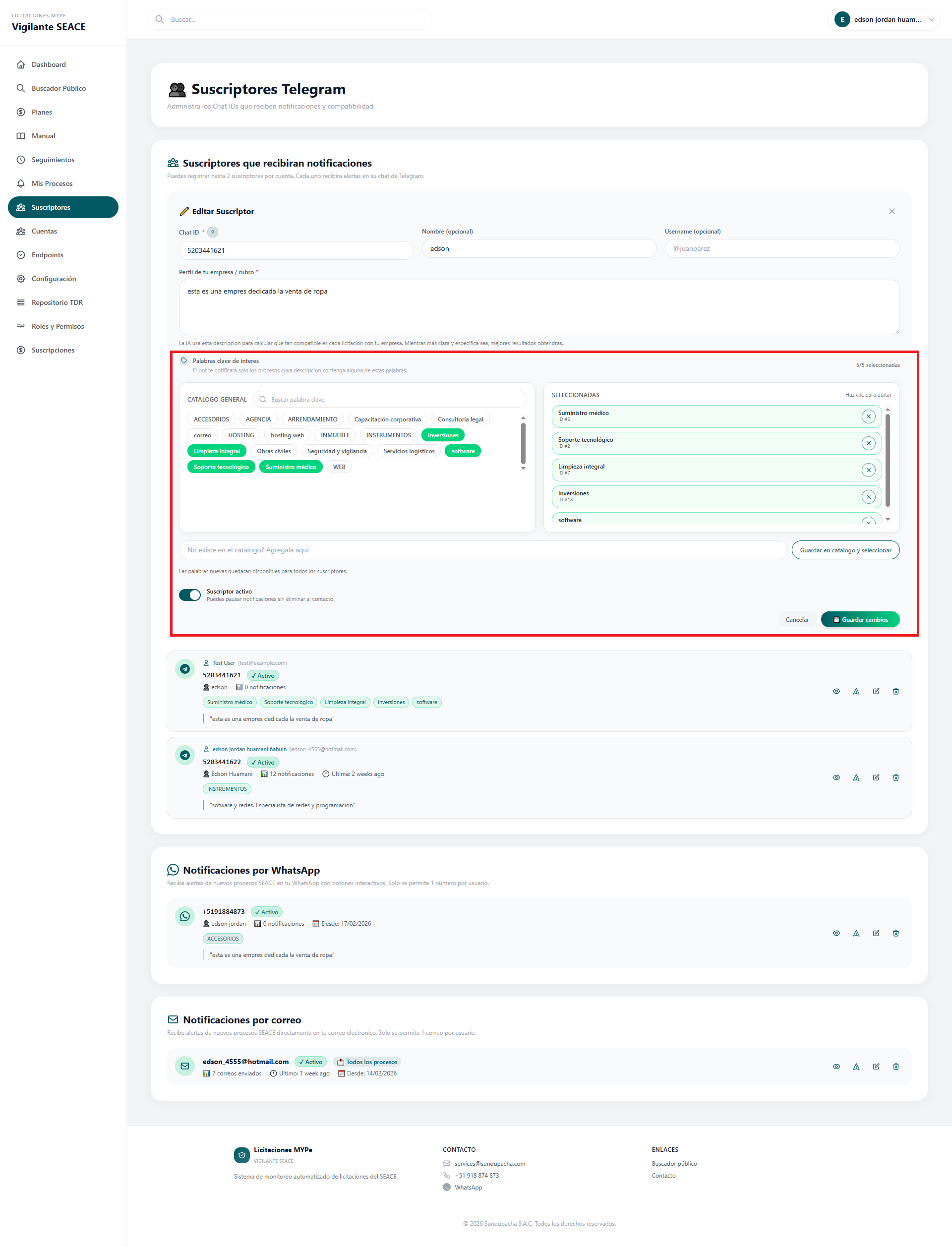 Configuración de palabras clave desde el perfil